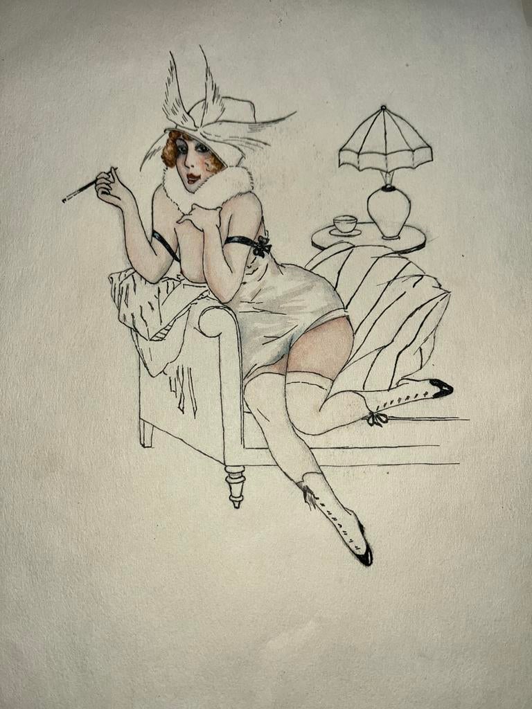 Ca 1930 Art Deco vrouwelijk naakt erotische akwarel gouache, Ophalen of Verzenden