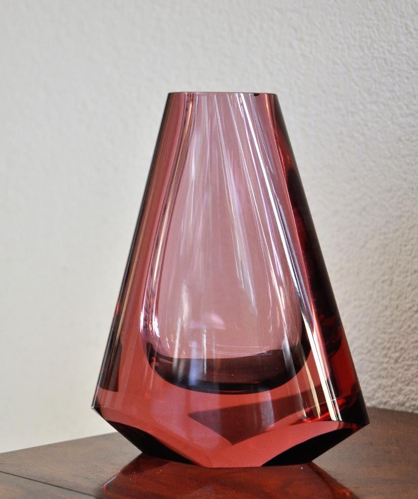 Murano Flavio Poli Sommerso ? Facet Glas Vaasje 16 cm, Antiek en Kunst, Ophalen