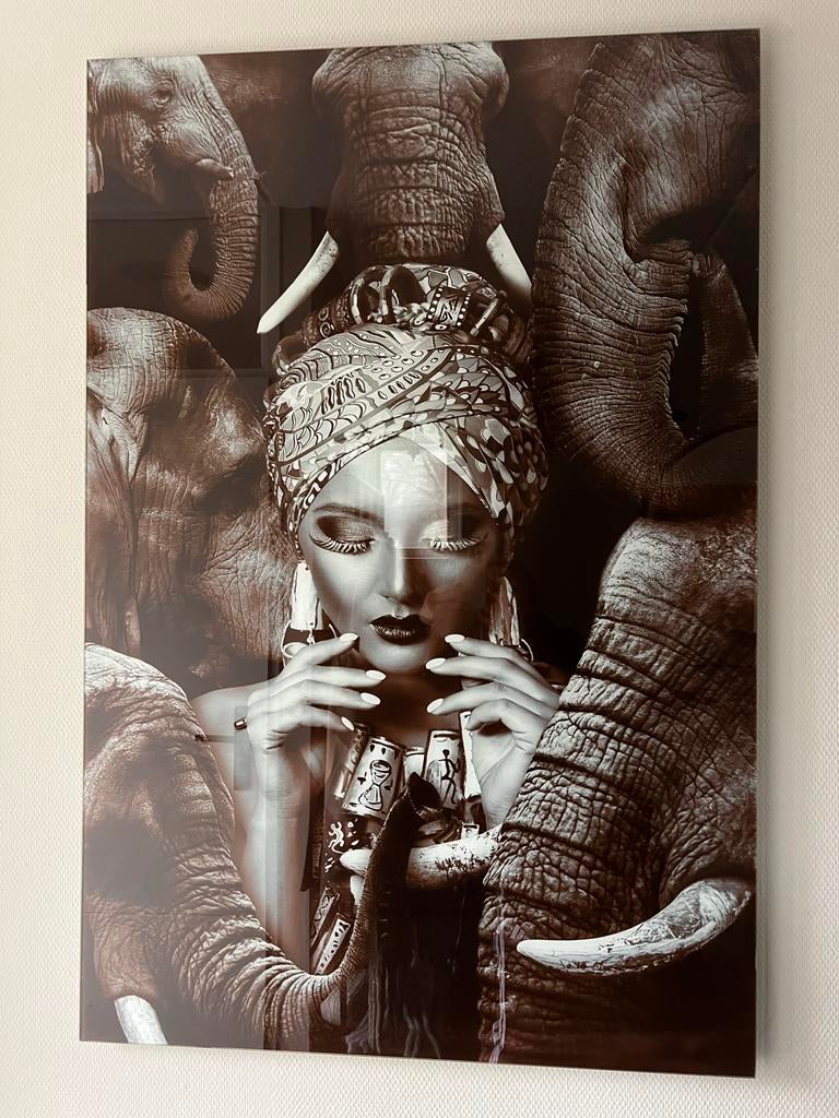 Schilderij glas olifanten en dame, Ophalen, 75 cm of meer, 50 tot 75 cm, Print