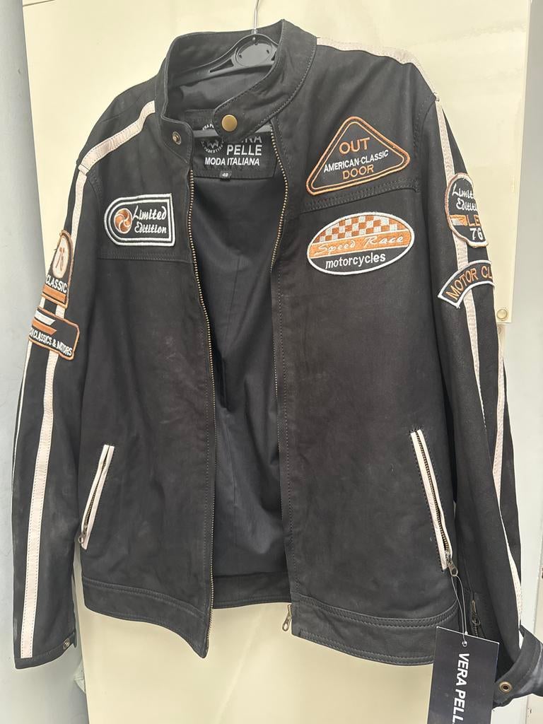 Zwarte leren motor jas met patches - Vera  Pelle - Maat M, Ophalen of Verzenden
