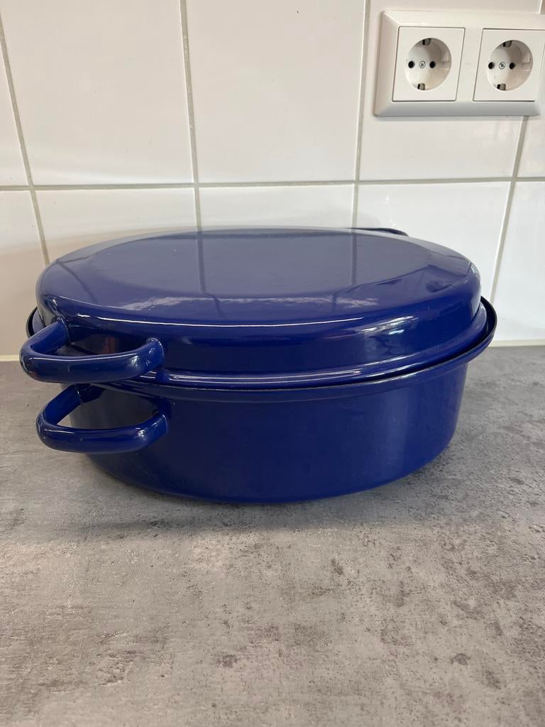 Tekoop blauwe emaille braadpan, Ophalen of Verzenden, Zo goed als nieuw, Gietijzer, Koekenpan of Braadpan