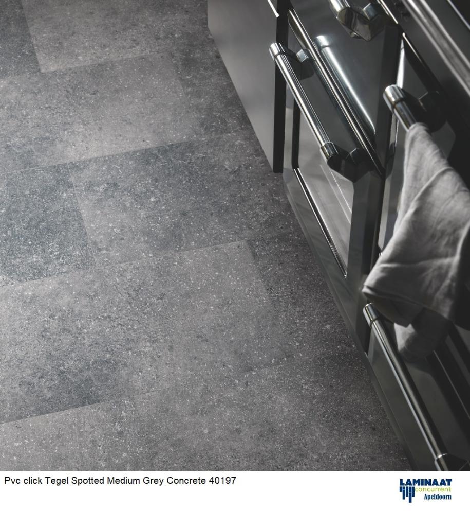 Grote Pvc click Tegel Spotted Medium Grey Concrete €17,95p/m, 75 m² of meer, Pvc click tegel model, Nieuw, Ophalen of Verzenden