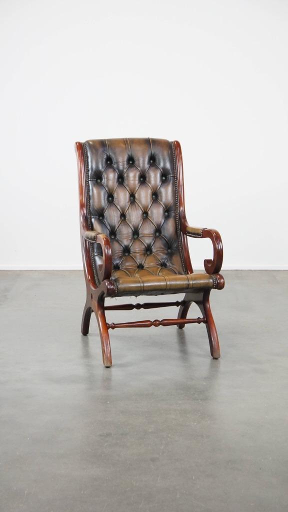 Groene vintage rundleren Engelse chesterfield fauteuil, Ophalen, Gebruikt, ., 75 tot 100 cm