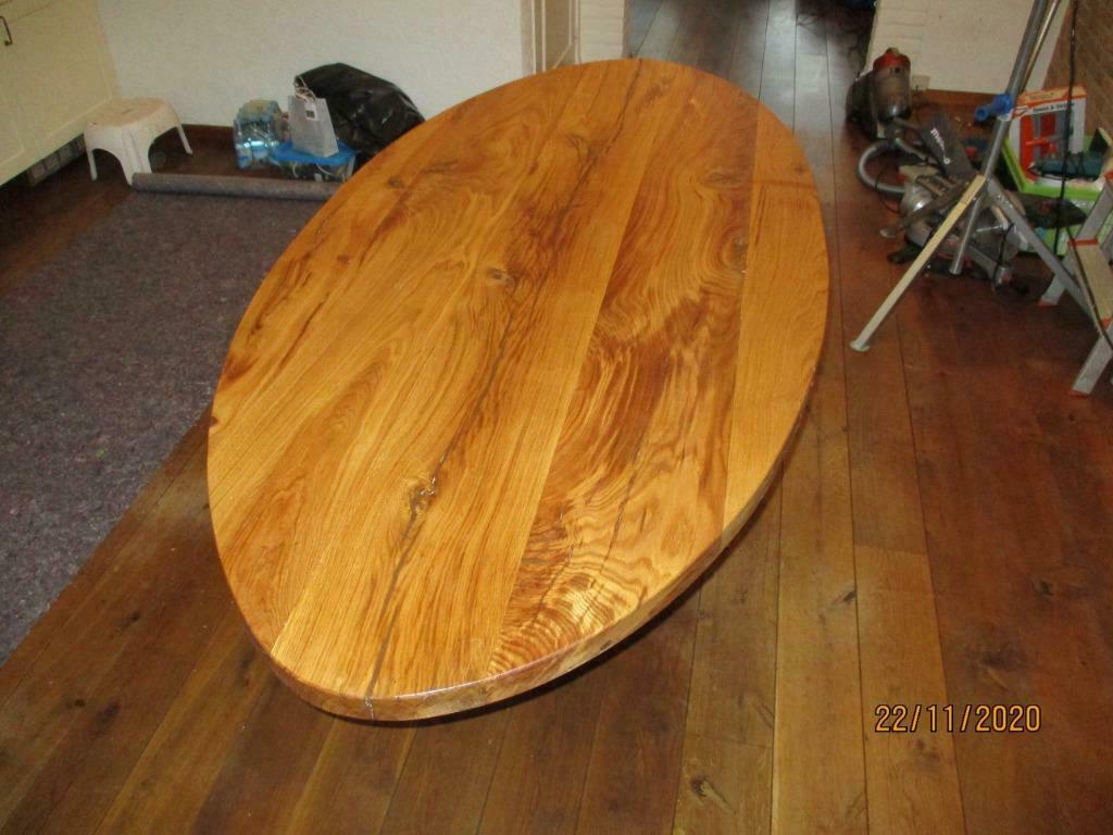 Eiken, rustieke ovale eettafel, massief met hout matrix poot, Ophalen, Eikenhout, 50 tot 100 cm, Nieuw