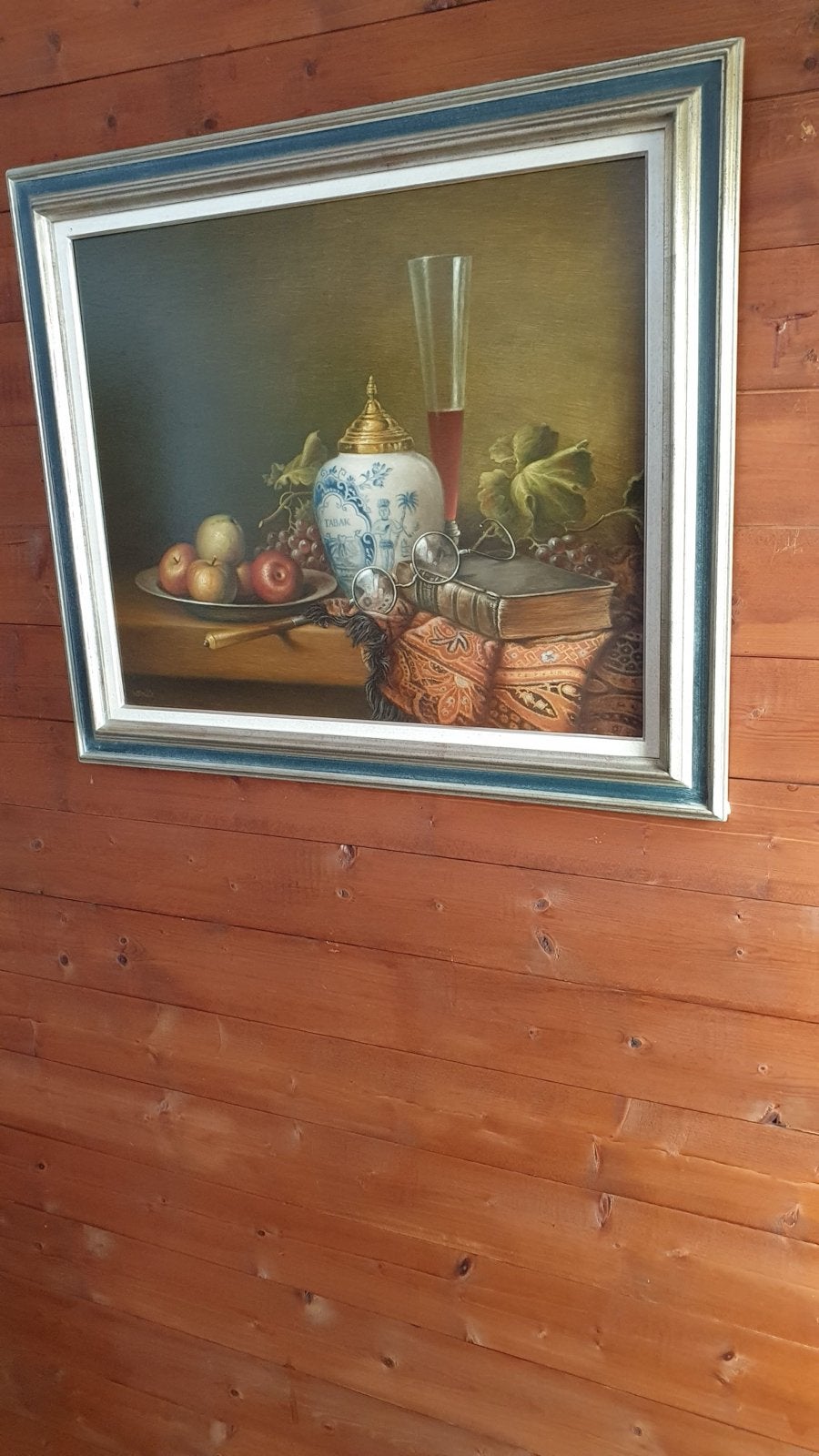 Klassiek stilleven met fruit, tabakspot en boeken, Paneel, Stilleven, Ophalen of Verzenden, Olieverf