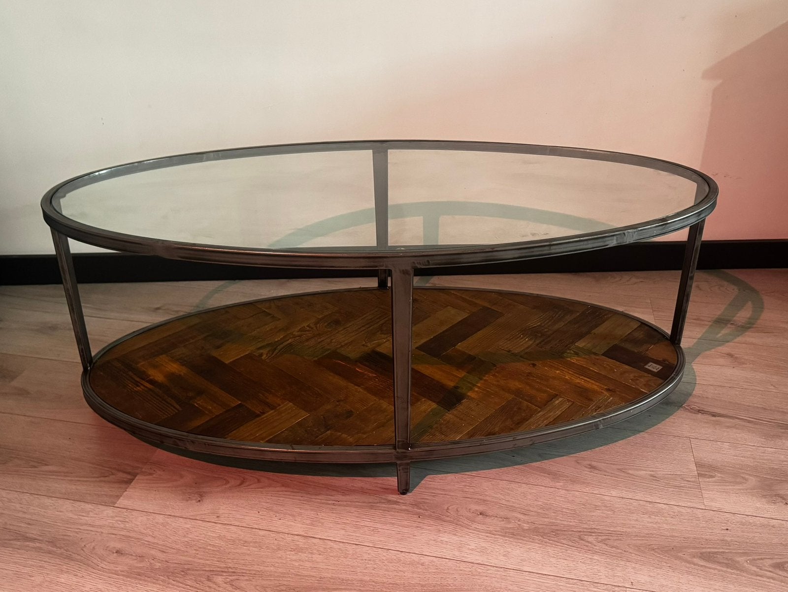 Riviera Maison Salontafel Ovaal Glas/Hout, Ophalen, Gebruikt, 100 tot 150 cm, 50 tot 100 cm
