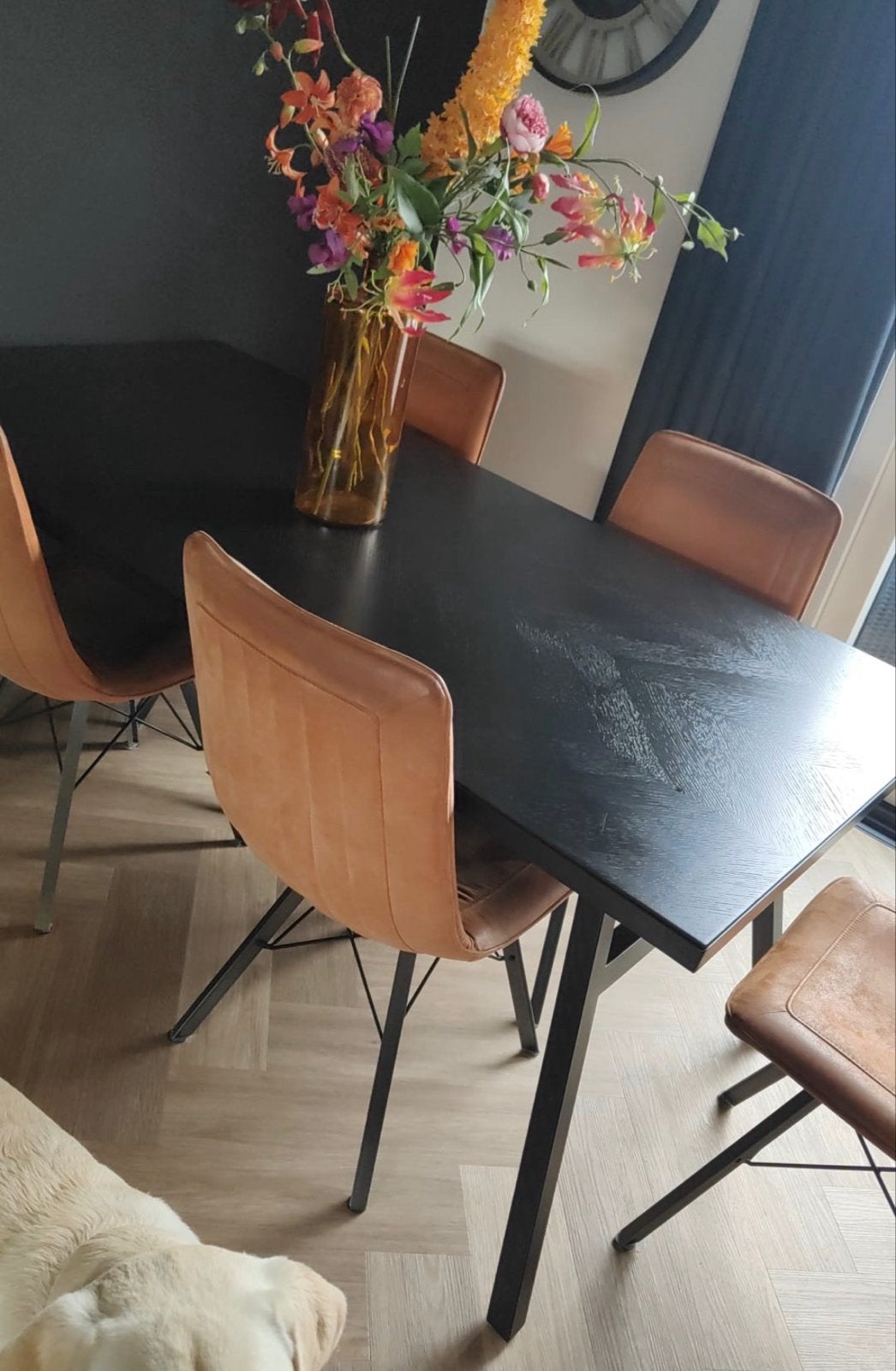 Zwarte visgraat eettafel 160 cm met metalen poten, Ophalen, Gebruikt, 50 tot 100 cm, 150 tot 200 cm