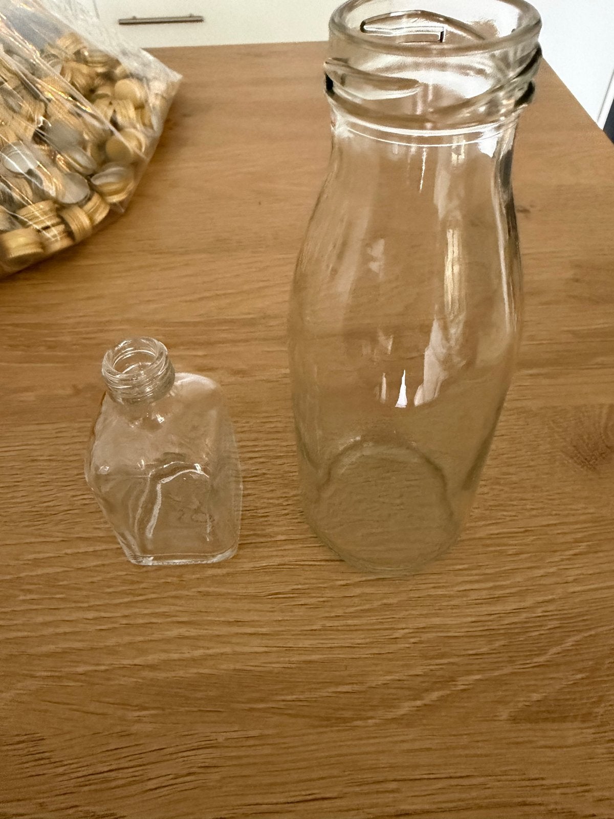 140x 50ml en 36x 250ml glazen flesjes met dop, nieuw, Huis en Inrichting, Ophalen, Transparant, Nieuw, Met deksel