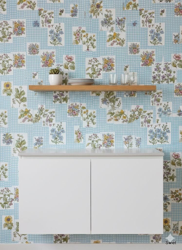 14120 Frans keuken bloemen behang blauw retro vintage swiet, Huis en Inrichting, Stoffering | Behang, Ophalen of Verzenden, Groen