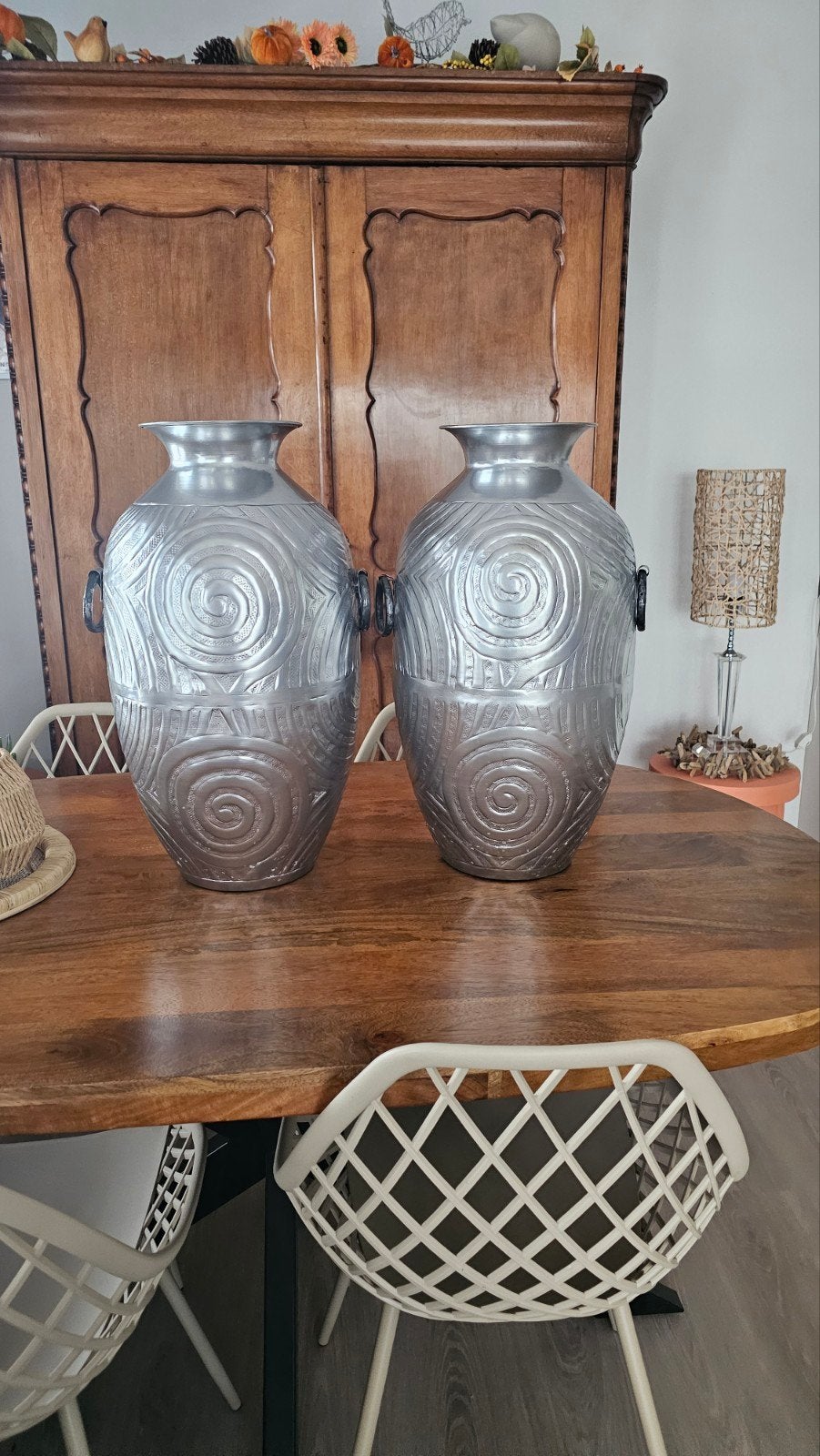 Set van 2 decoratieve zilverkleurige vazen, Ophalen of Verzenden