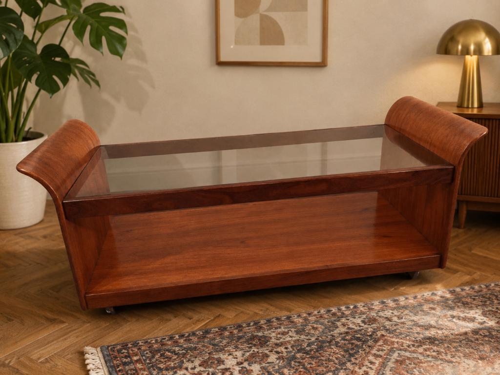 Vintage, G.Plan, ontwerp Tulip, teakhout / glas, salontafel, 100 tot 150 cm, 50 tot 75 cm, Glas, Vintage