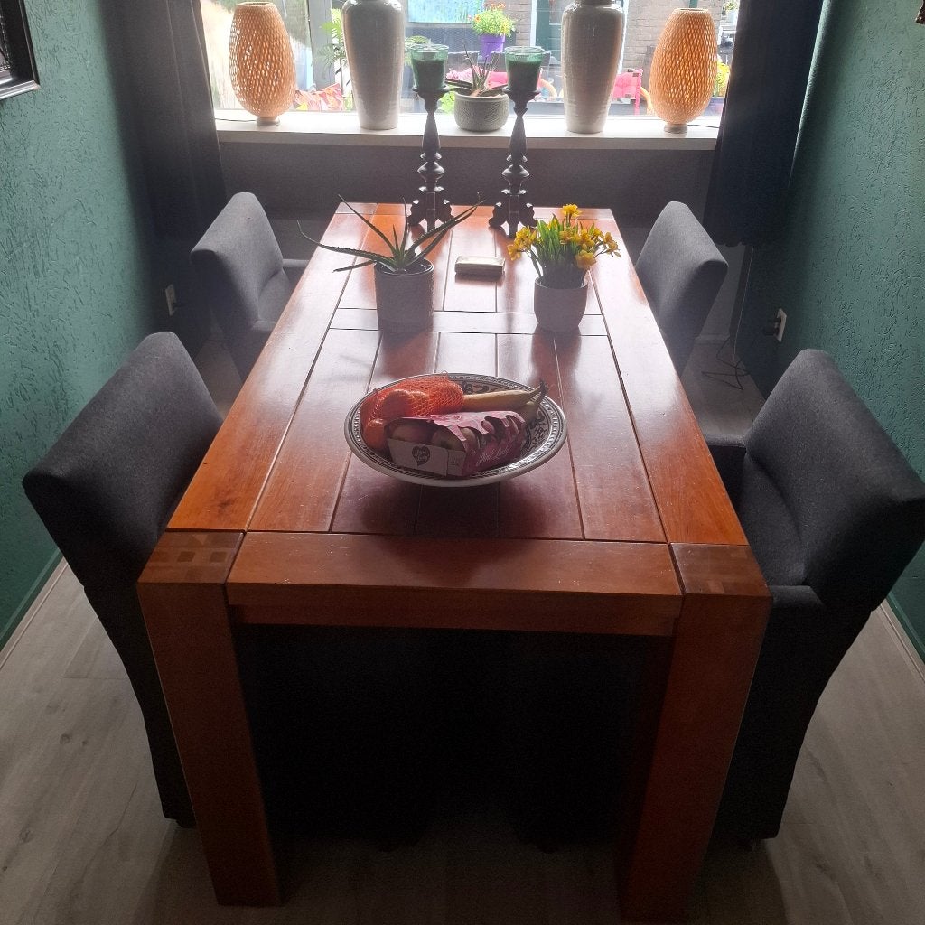 Eettafel + 4 stoelen, Ophalen, Gebruikt, 150 tot 200 cm, 150 tot 200 cm