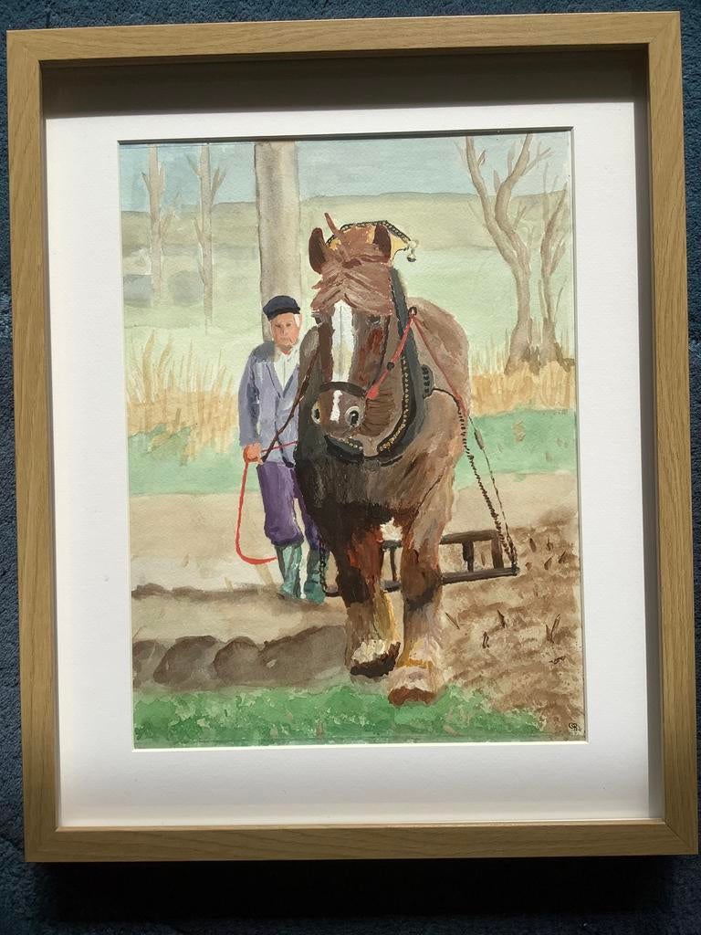 Schilderij boer met paard, gemengde techniek, Antiek en Kunst, Kunst | Schilderijen | Klassiek, Ophalen