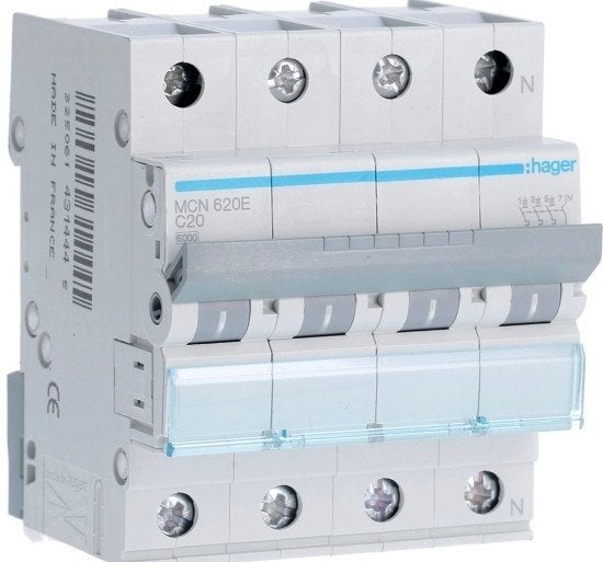 Hager Installatieautomaat 20A 3P+N C-kar MCN620E, Ophalen of Verzenden, Nieuw, Hager, Overige typen