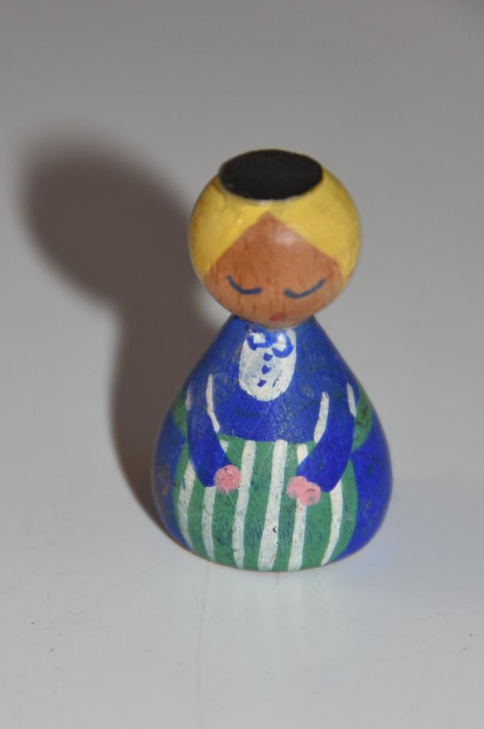 Vintage houten poppetje blauw pion, Verzenden