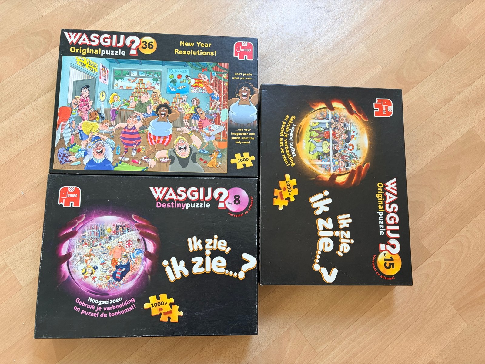 3 Wasgij Puzzels - Original, Destiny, New Year Resolutions, Ophalen, 500 t/m 1500 stukjes, Gebruikt, Legpuzzel