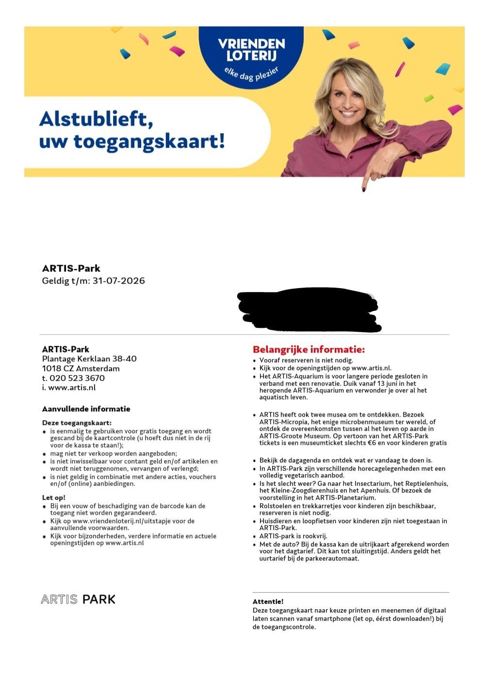 Toegangskaart Artis Park (dierentuin) Amsterdam, Tickets en Kaartjes, Recreatie | Dierentuinen, Eén persoon, Ticket of Toegangskaart