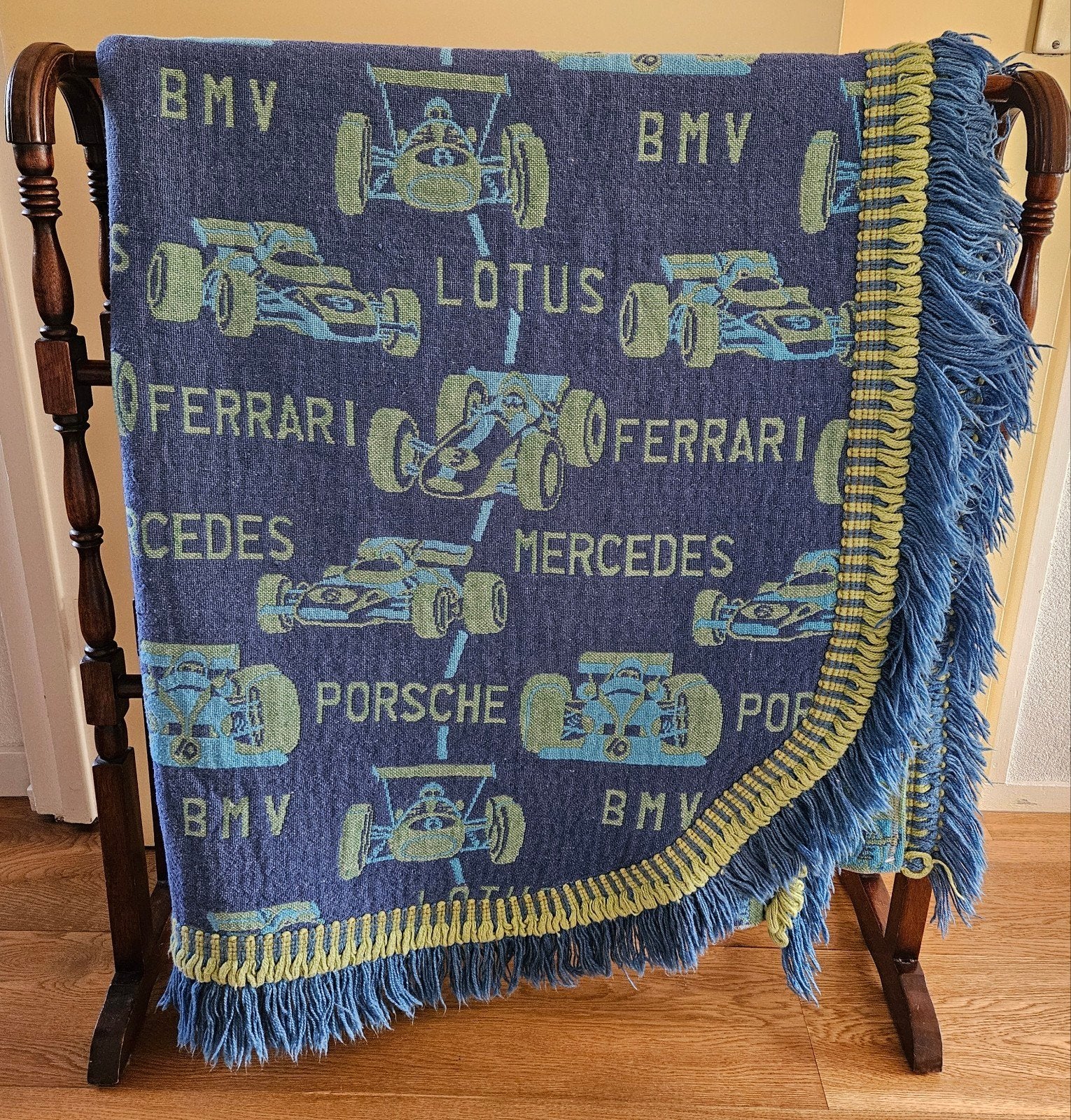 Vintage racewagens sprei, Kinderen en Baby's, Gebruikt, Blauw, Eenpersoonsbed, Ophalen of Verzenden