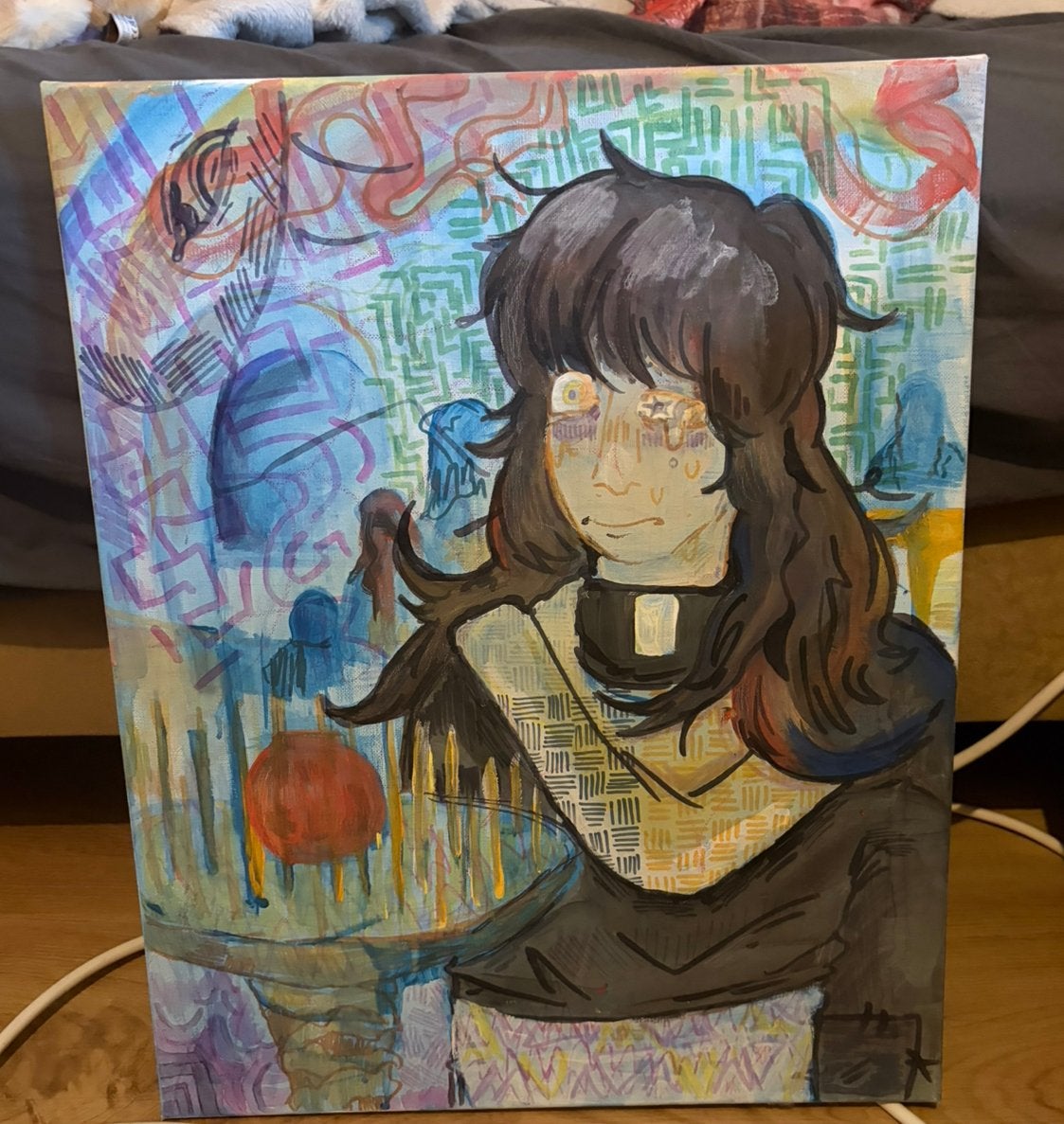 Origineel handgeschilderd schilderij op canvas, Ophalen, Gesigneerd, Gemengde techniek, Portret