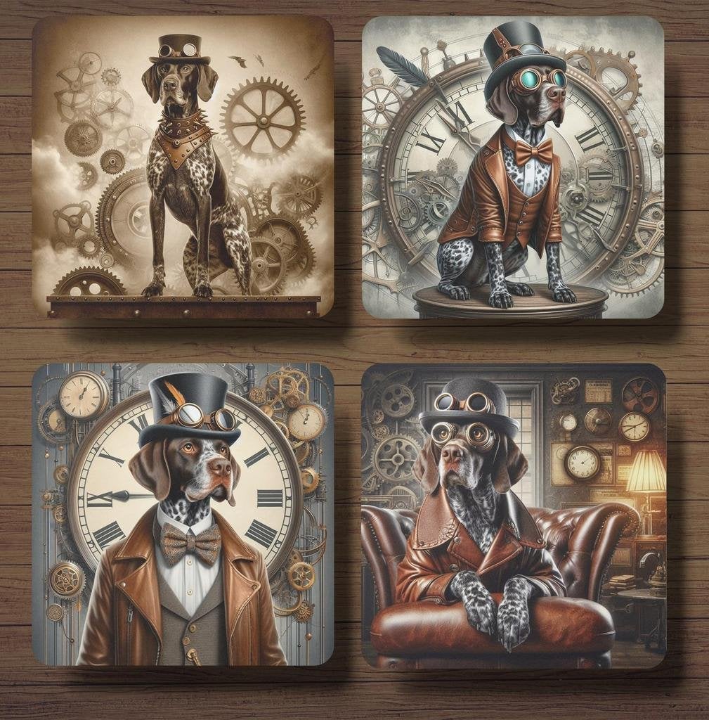 Duitse Staande Korthaar Steampunk onderzetters met houder, Ophalen of Verzenden, Nieuw