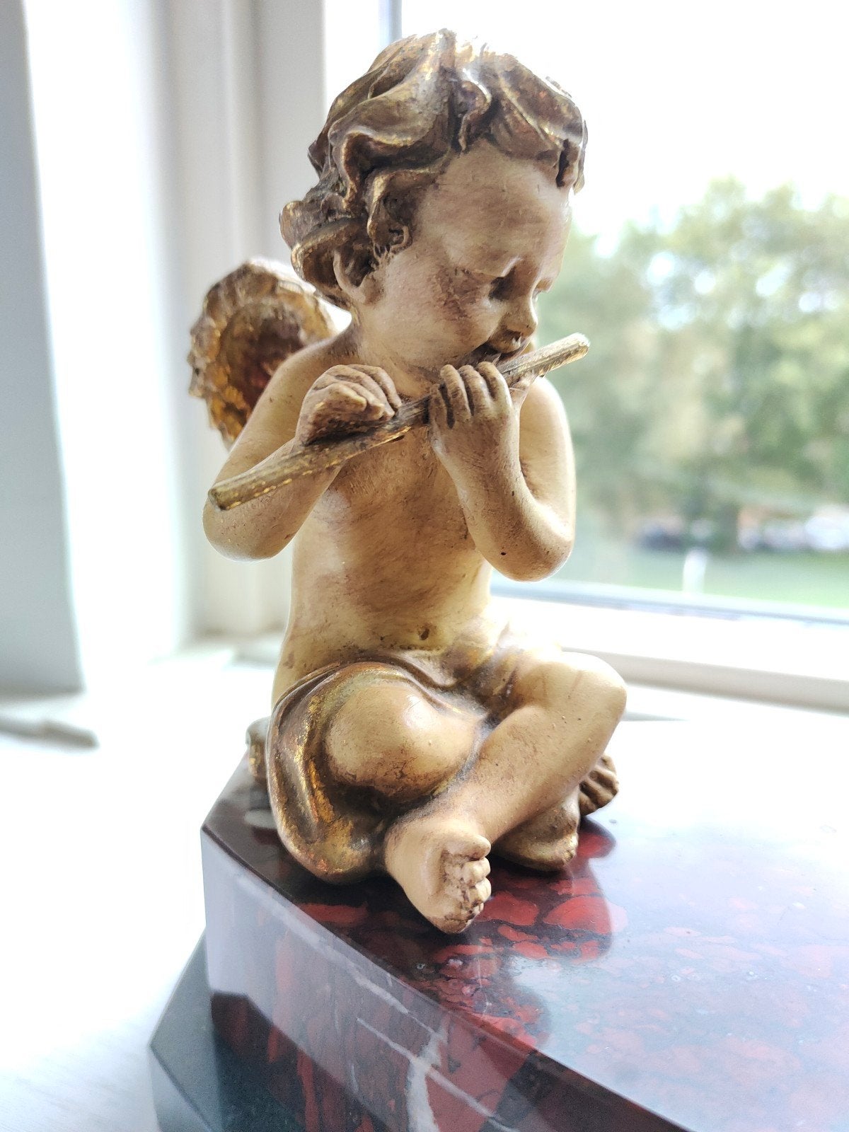 oud kerst beeldje engeltje met fluit vintage goud crème, Minder dan 20 cm, Ophalen of Verzenden, Overige materialen, Beeld
