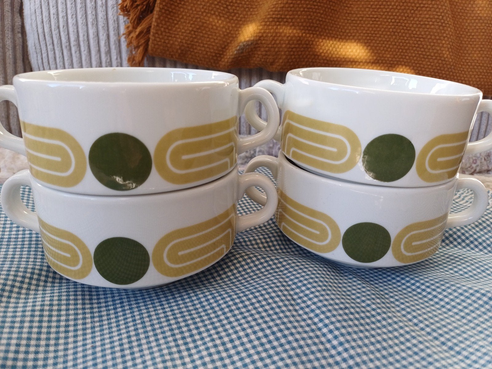 4 x retro soepkom wit groen, Ophalen of Verzenden, Zo goed als nieuw, Kom(men), Overige stijlen