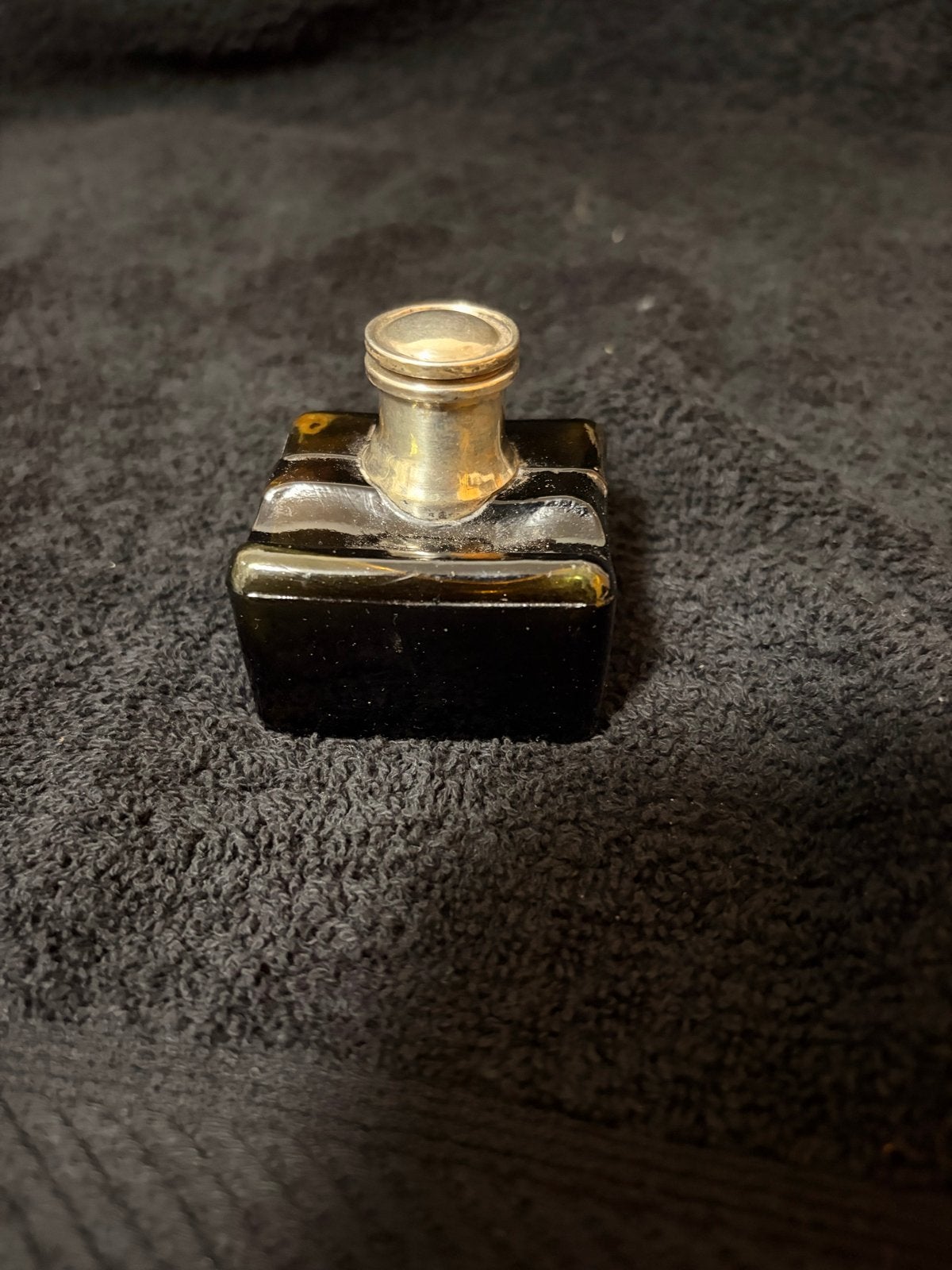 Antieke inktpot van donker glas met zilveren kraag, Antiek en Kunst, Ophalen of Verzenden