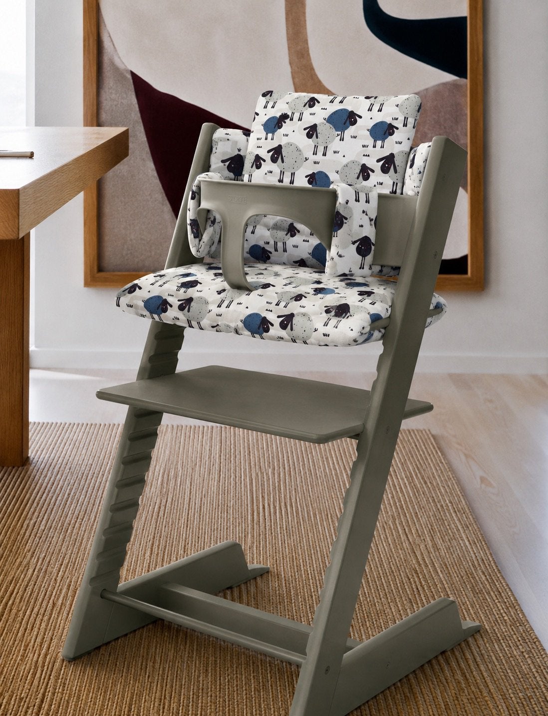 Nieuw! Lieve schaapjes Stokke Tripp Trapp stoel kussenset, Ophalen of Verzenden, Zo goed als nieuw, Meegroeistoel, Stoelverkleiner