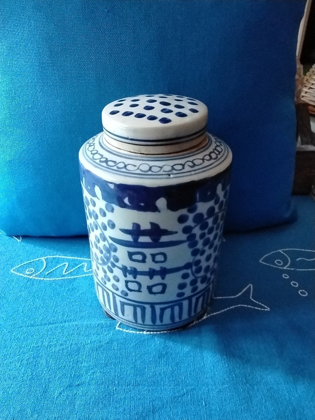 Chinese pot blauw/wit met dubbel geluk teken, Ophalen