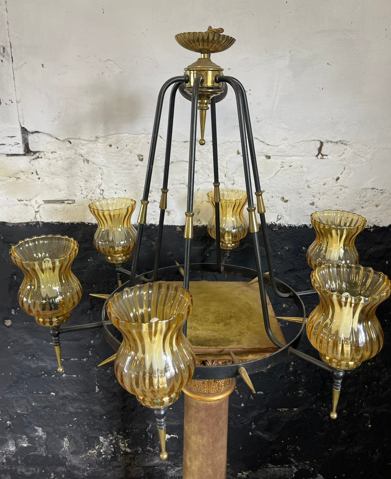 Vintage mid century hanglamp aber glas messing bijzonder, Ophalen, Gebruikt, Glas, Vintage mid century