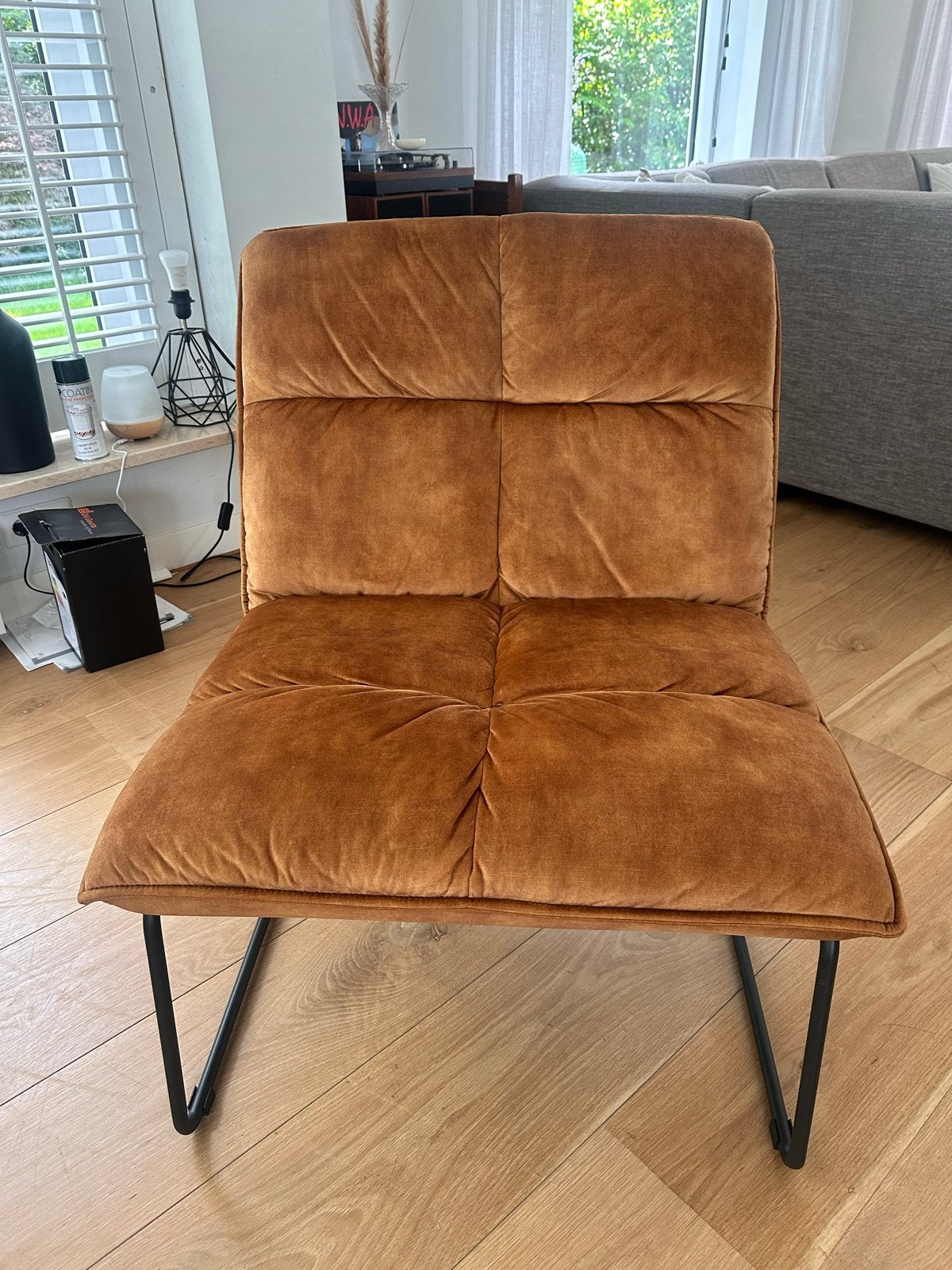 4 stuks loungestoelen in bruin/rood en okergeel velours, Huis en Inrichting, Ophalen, Overige kleuren, Zo goed als nieuw, Vier