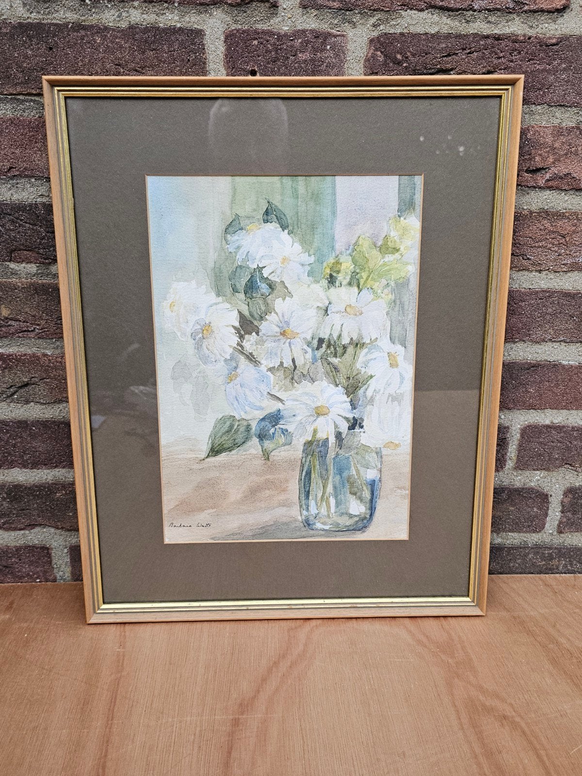 Sfeervolle Engelse aquarel met witte bloemen – gesigneerd Ba, Antiek en Kunst, Ophalen of Verzenden