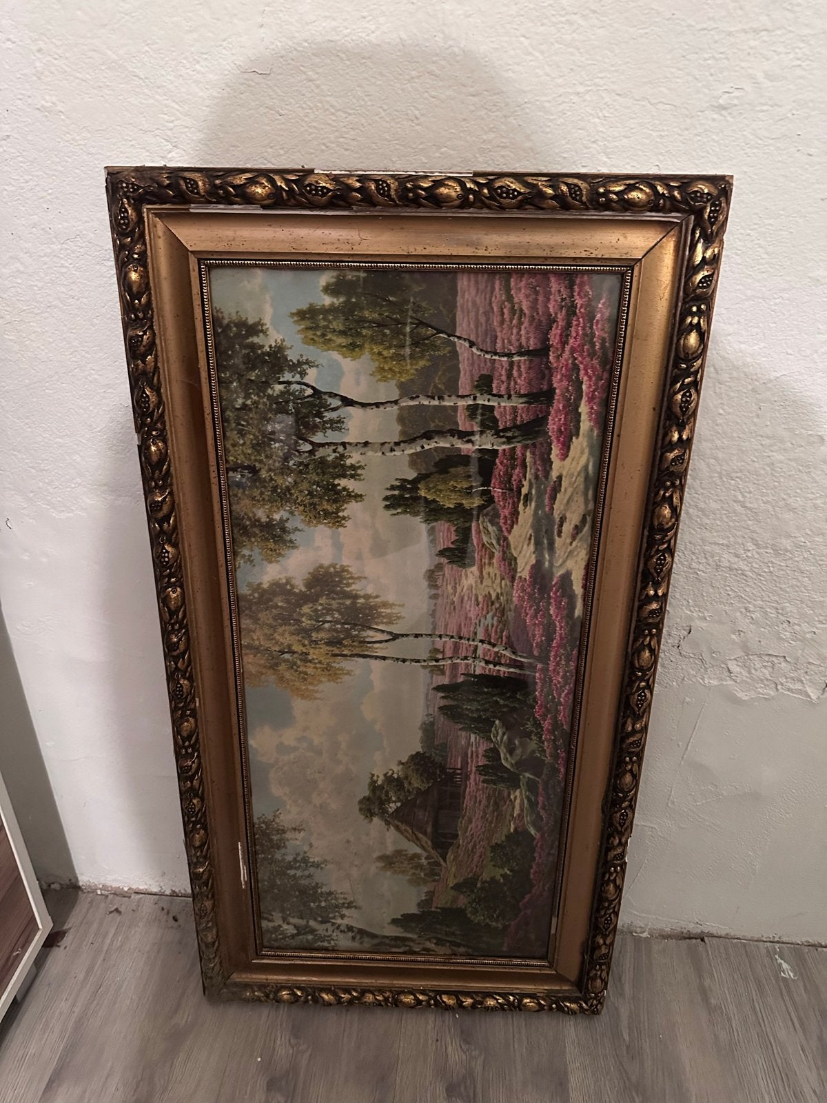 Schilderij heide landschap met berken en boerderij, Ophalen, Doek, Landschap, Olieverf