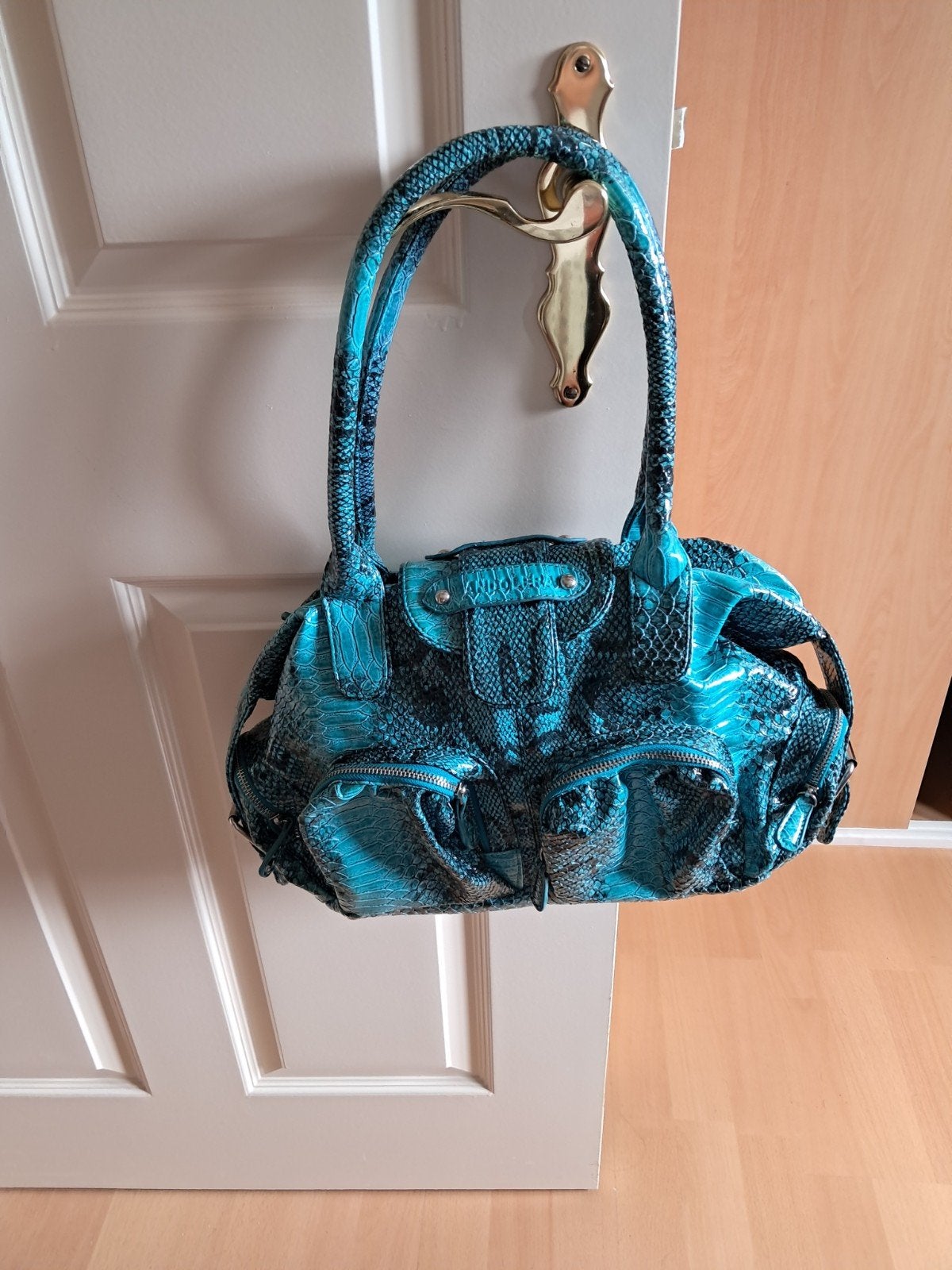 Bandolera handtas turquoise slangenprint, Ophalen of Verzenden, Zo goed als nieuw, Overige kleuren, Handtas