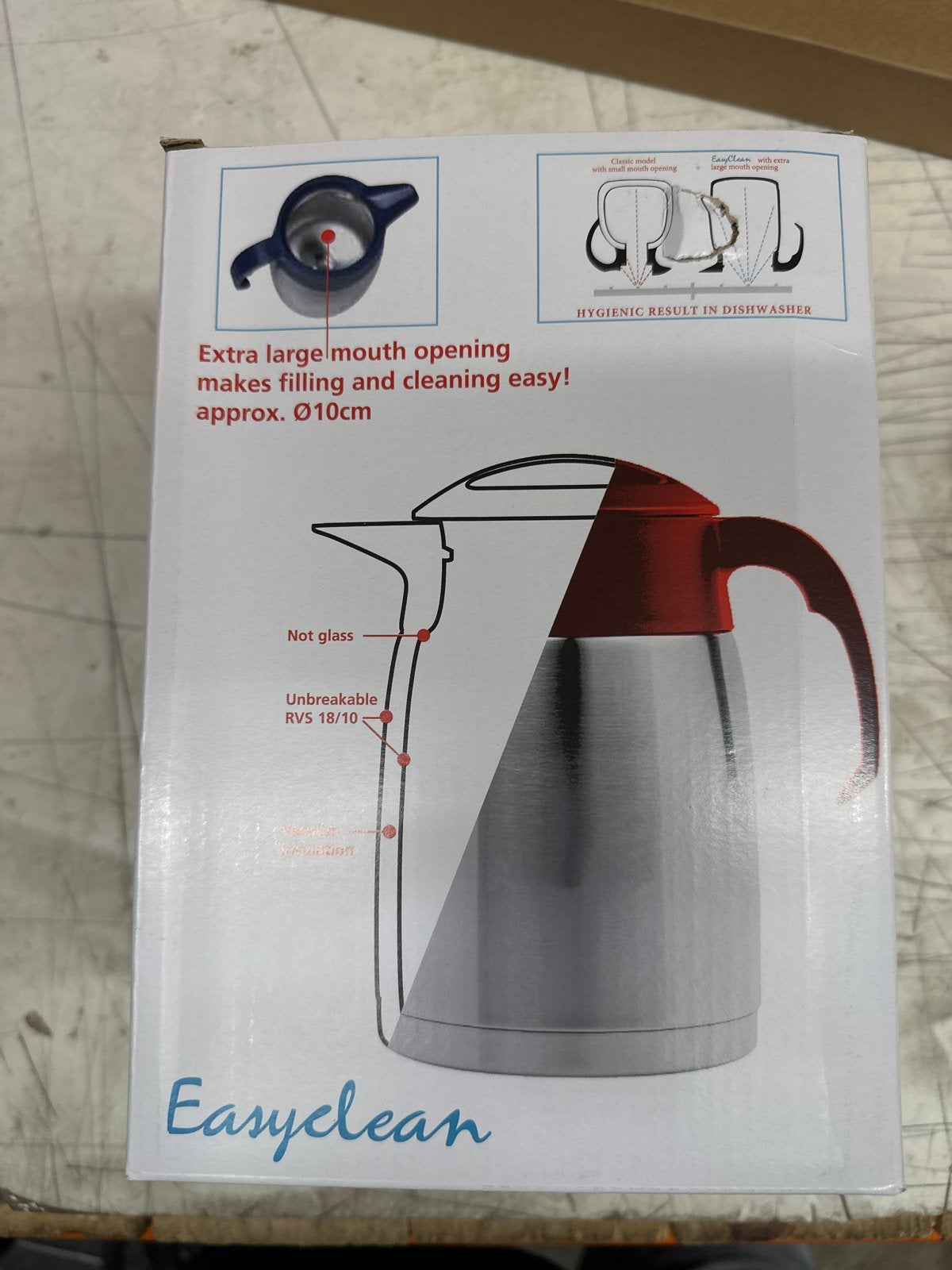 Easyclean Onbreekbare RVS Thermoskan 1.6L - Rood/Zilver, Overige typen, Nieuw, Ophalen of Verzenden, Metaal