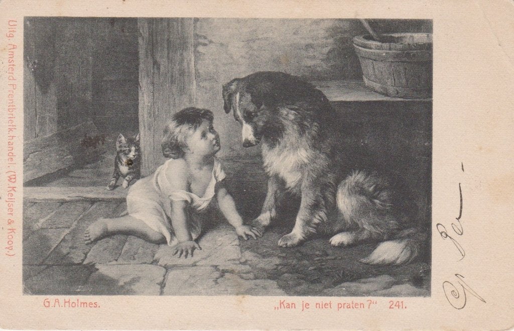 Meisje & Kat met grote Hond. Zeer oude AK. 1906, Verzamelen, Ophalen of Verzenden, Voor 1920, Gelopen, Kinderen