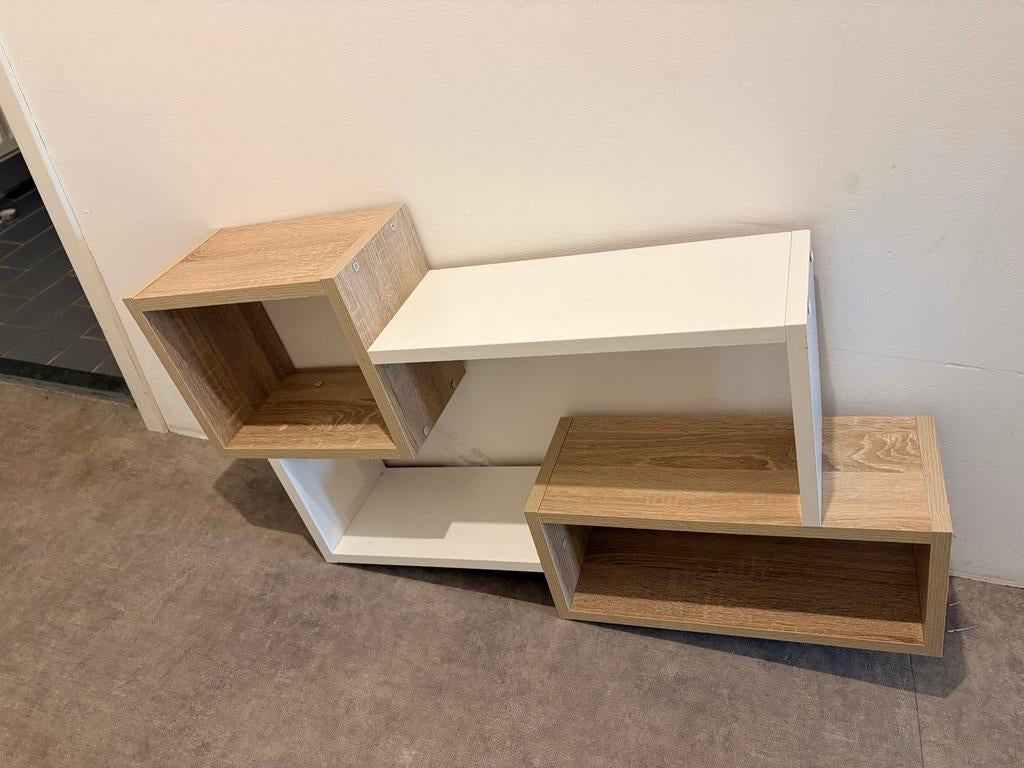 Modern zigzag wandrek/boekenplank, wit/houtkleur, Ophalen of Verzenden, Zo goed als nieuw