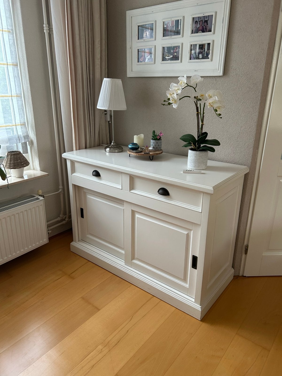 Wit dressoir met lades en schuifdeuren, Ophalen, Gebruikt, 100 tot 150 cm, Met lade(s)