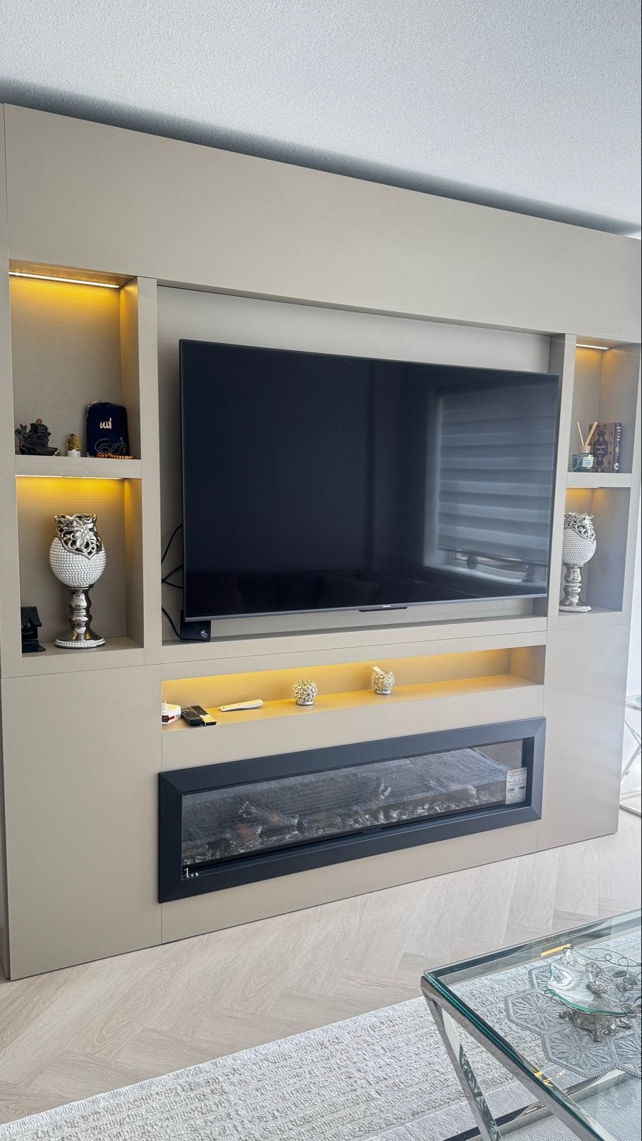 Luxe TV-wandmeubel met sfeerhaard+75inch tv nieuw, Huis en Inrichting, Ophalen, Overige materialen, 200 cm of meer, Nieuw