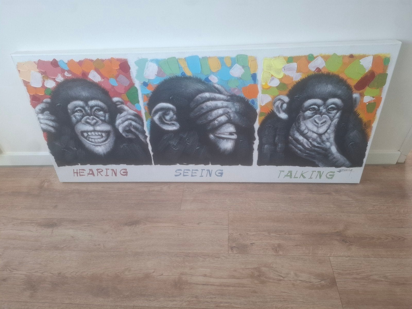 Coco Masion: Horen, Zien, Zwijgen Apen Schilderij 140x60cm, Ophalen of Verzenden