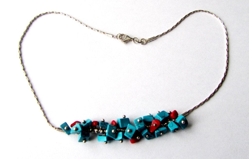 925 zilveren prachtige Turquoise rode Koraal ketting, Ophalen, Zilver, Ketting, Met edelsteen