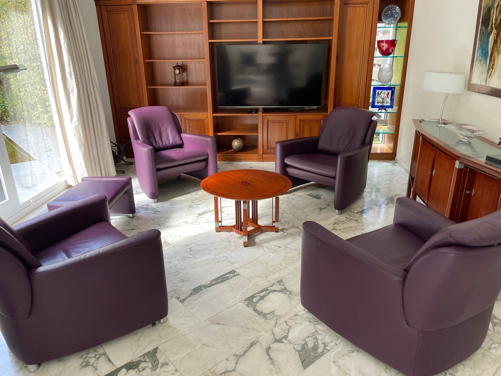 Leolux Set van 4 paarse leren fauteuils met poef, Ophalen, Gebruikt, 75 tot 100 cm, Leer