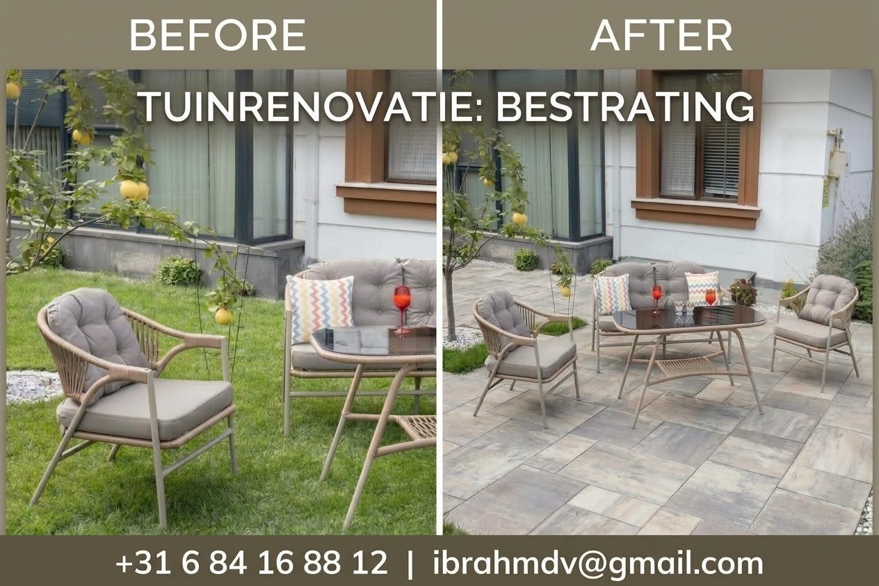 Tuinrenovatie: Bestrating - Voor en Na, Tuin en Terras, Nieuw, Ophalen of Verzenden, 10 m² of meer, Beton