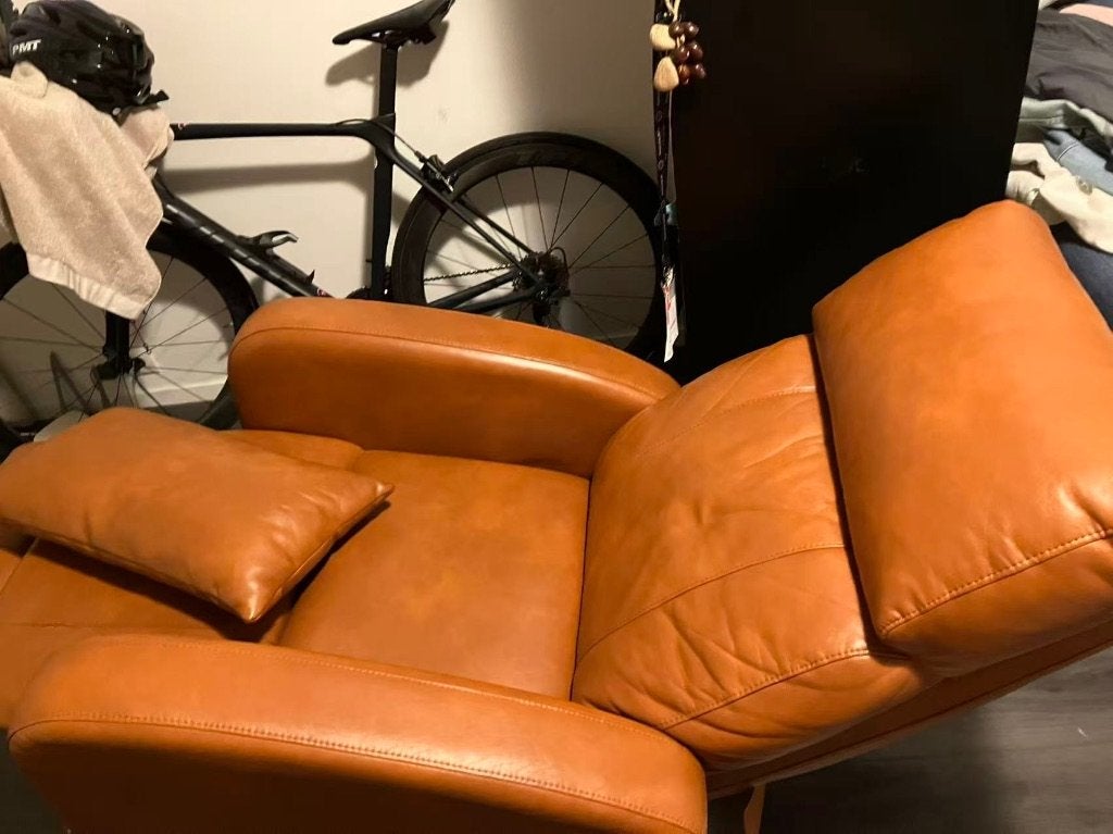 Luxe elektrische leren relaxfauteuil oranjebruin, Ophalen, Gebruikt, 100 tot 125 cm, Leer