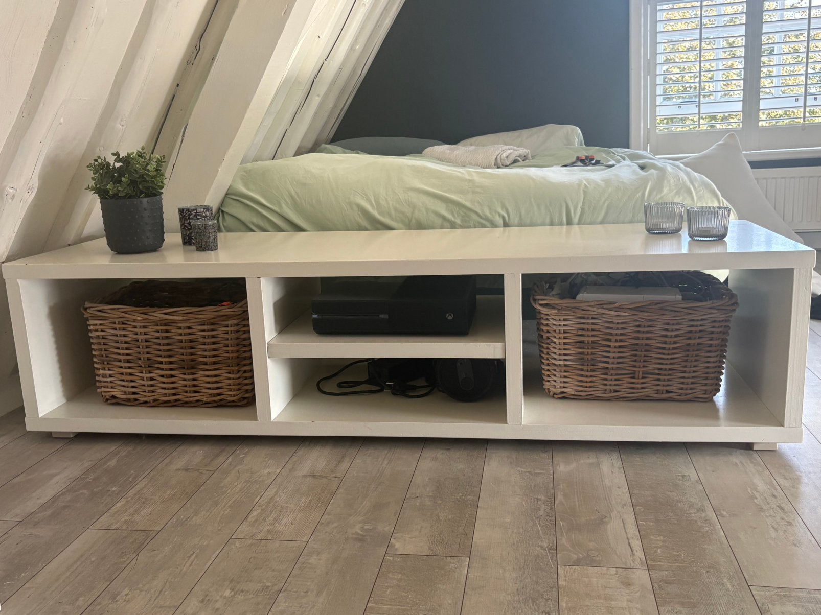 Stevig houten tv-meubel op maat (handgemaakt), Ophalen, Overige materialen, Gebruikt, 150 tot 200 cm
