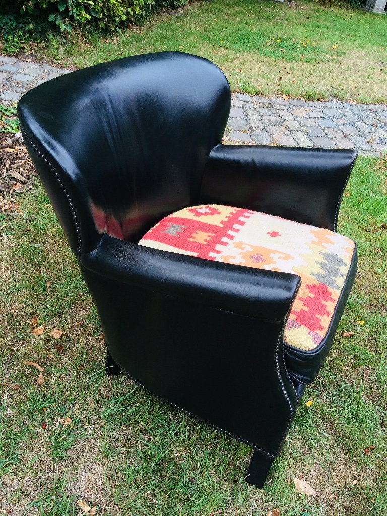 Zeldzame Vintage leder / Kelim fauteuil, Ophalen, Gebruikt, 75 tot 100 cm, 50 tot 75 cm