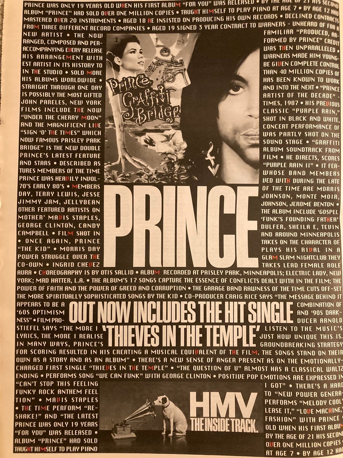 Paginagrote A3 advertentie PRINCE Graffiti Bridge release, Cd's en Dvd's, Ophalen of Verzenden