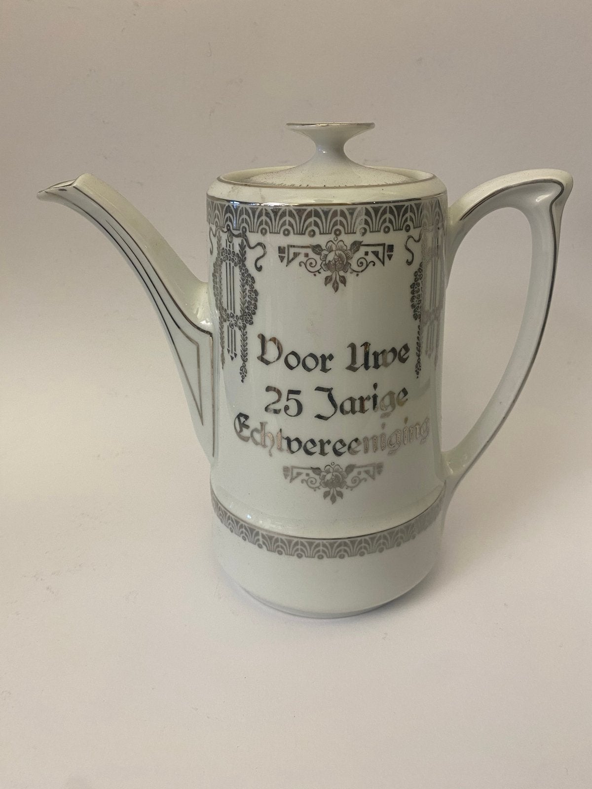 Antieke koffiekan '25 Jarige Echtvereeniging' - Zilverkleuri, Ophalen of Verzenden