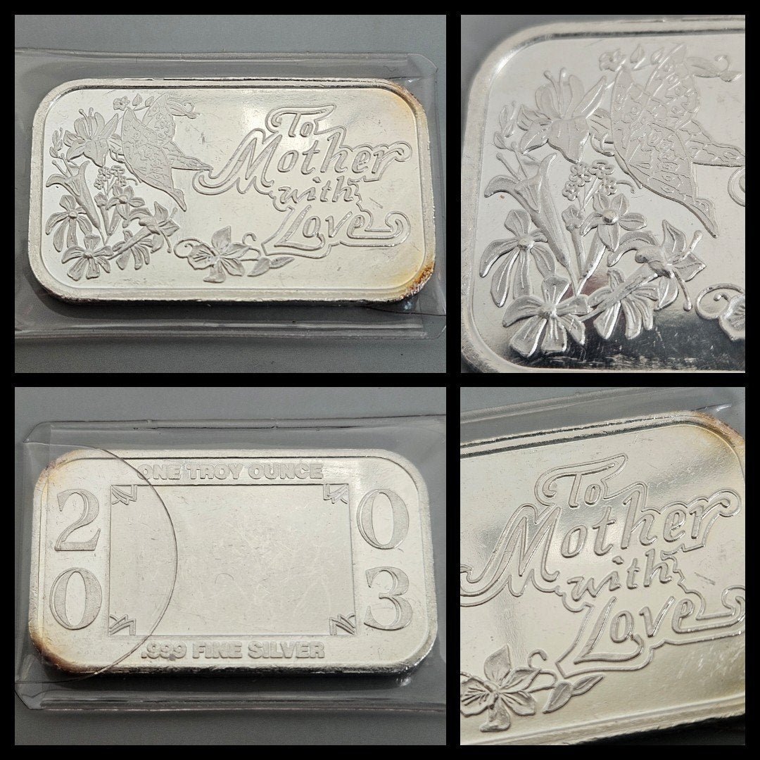 zilverbaar,  1 troy ounce "to Mother with love" 2003, Ophalen of Verzenden, Zilver