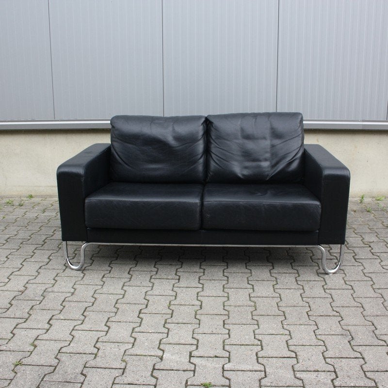 Gispen AD B2 design bank | Zwart leer | 2 zits, Huis en Inrichting, Banken | Bankstellen, Ophalen, Gebruikt, 150 tot 200 cm, Tweepersoons